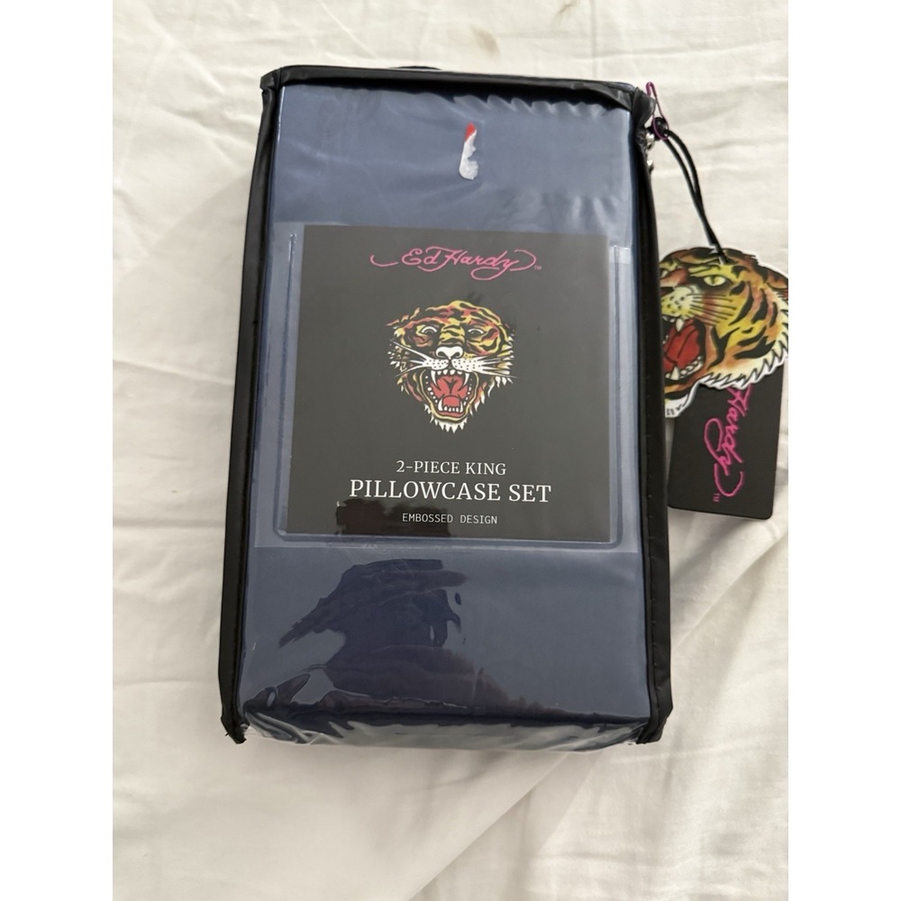 Ed Hardy King Pillowcase Set 2 Pc Navy Blue Embossed Tiger Logo NWT Polyester